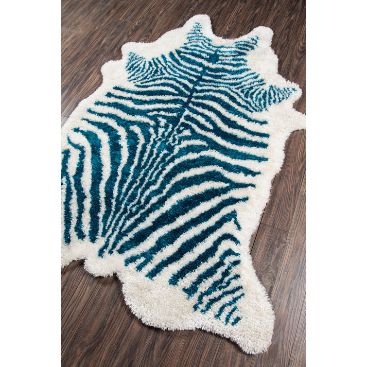 Turquoise and White Zebra Print Faux Fur Rug, 5' x 7'