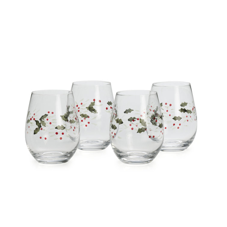 Winterberry Patterned Stemless Christmas Wine Glasses Set of 4