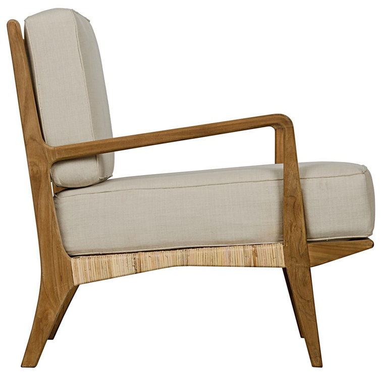 Handcrafted Off-White Cotton and Teak Rattan Accent Chair