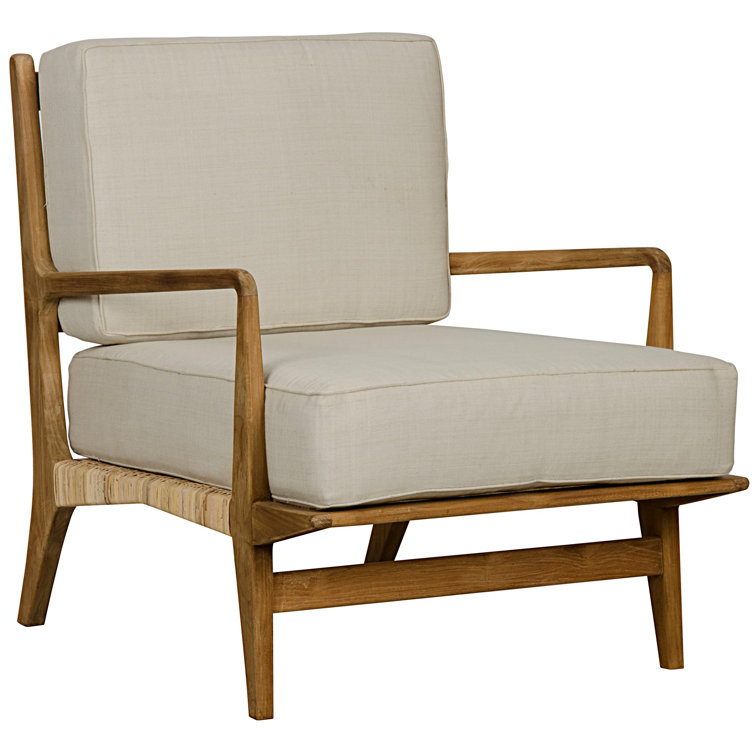 Handcrafted Off-White Cotton and Teak Rattan Accent Chair