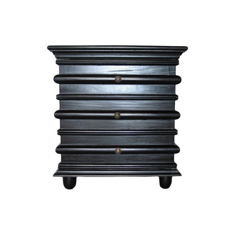 Ascona Hand-Rubbed Black Solid Wood and Metal 3-Drawer Side Table