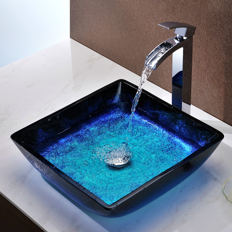 Blazing Blue Tempered Glass Square Above-Counter Vessel Sink