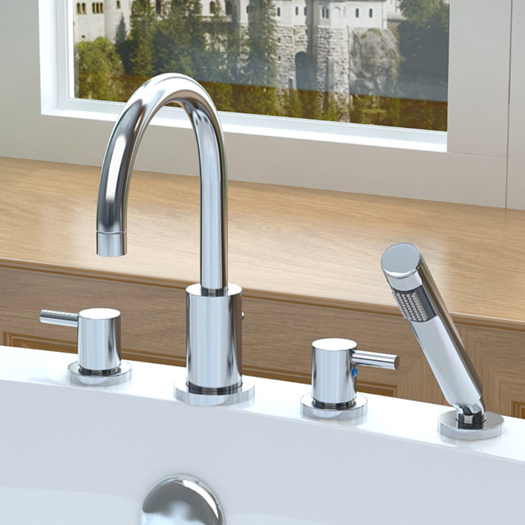Polished Chrome 2-Handle Deck Mount Roman Tub Faucet with Handheld Sprayer