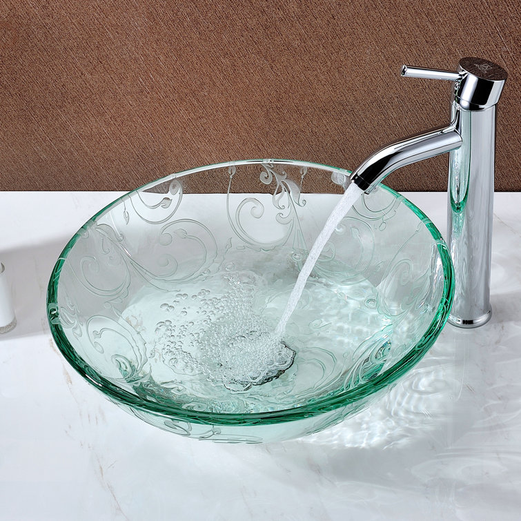 Vieno 16.5'' Clear Floral Etched Glass Vessel Sink