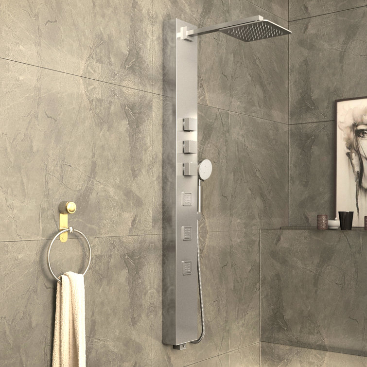 Polished Chrome Stainless Steel 59" Shower Panel with Jets and Handheld Wand