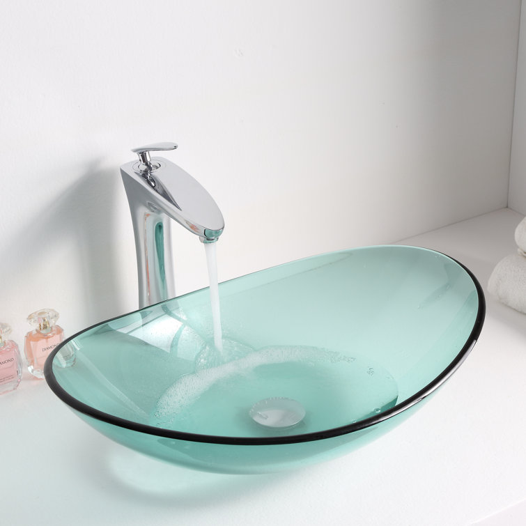 Lustrous Green Oval Tempered Glass Above-Counter Bathroom Sink