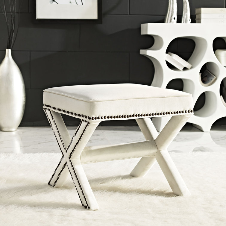 Elegant Ivory Velvety Polyester Nailhead Trim Bench