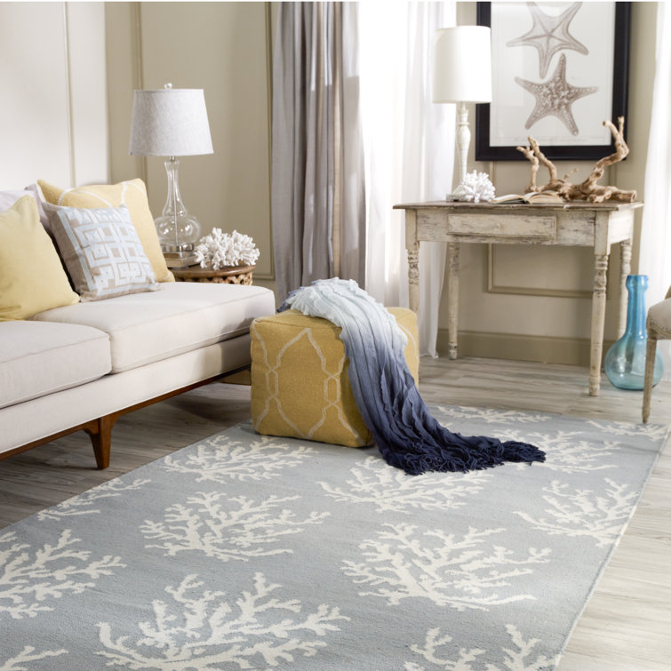 Powder Blue and White Wool Coastal Rectangular Rug