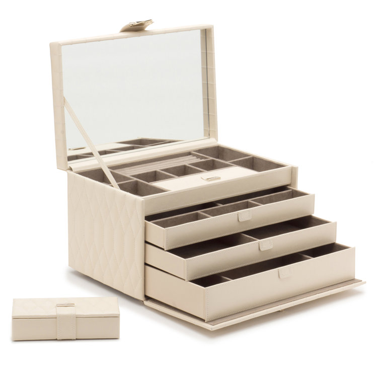 Ivory Quilted Leather Rectangular Jewelry Travel Case