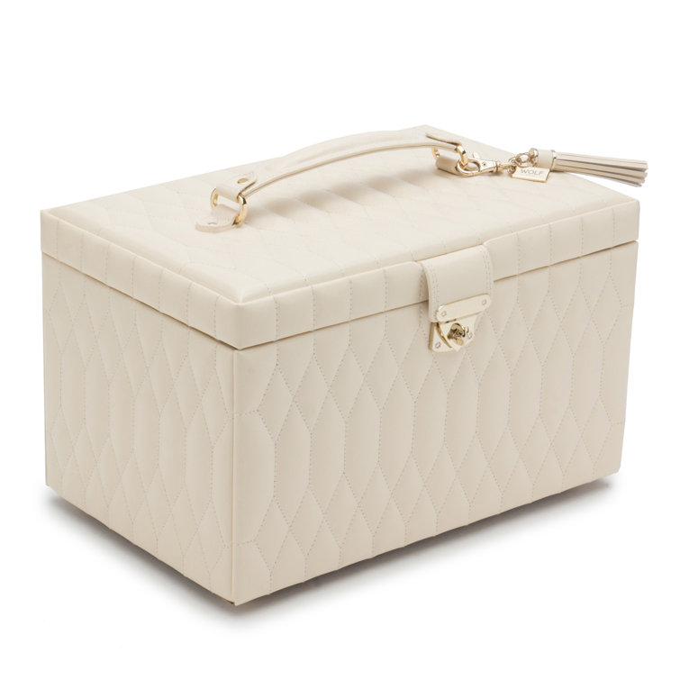 Ivory Quilted Leather Rectangular Jewelry Travel Case