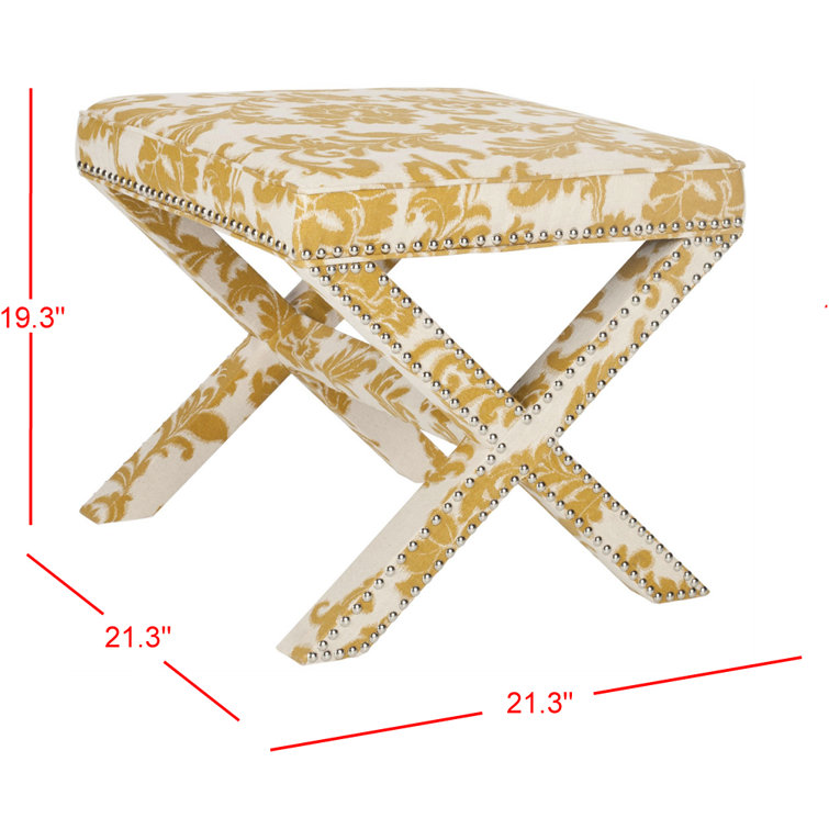 Maize and Beige Damask Pattern Upholstered Ottoman with Silver Nailhead Trim