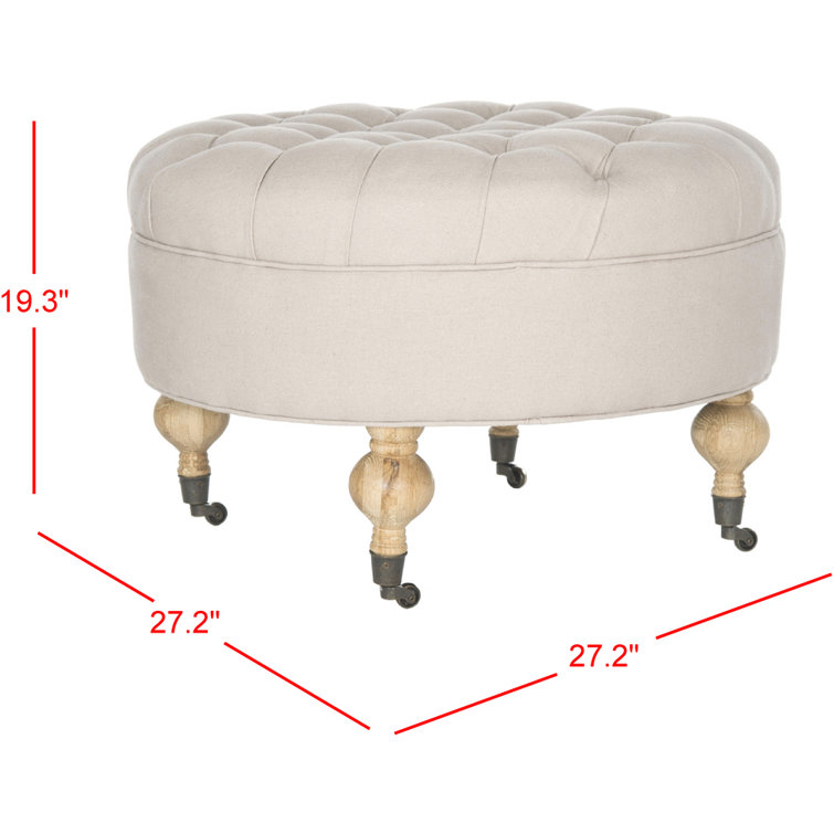 Transitional Tufted Beige Linen Round Ottoman with Casters