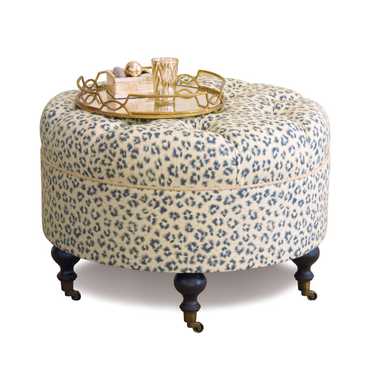 Emory Round Tufted Linen Blend Ottoman with Espresso Legs