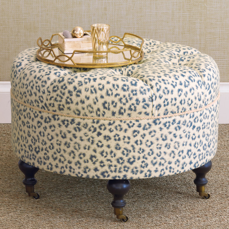 Emory Round Tufted Linen Blend Ottoman with Espresso Legs