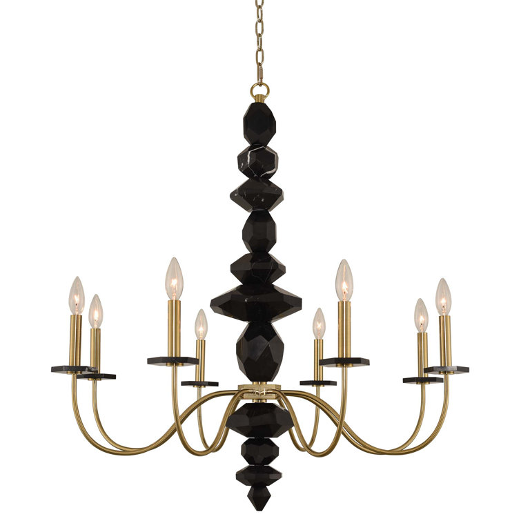 Elegant Black Marble and Brass 8-Light Crystal Chandelier