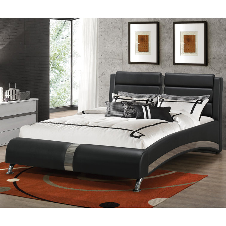 Black Vegan Leather Queen Sleigh Bed with Upholstered Headboard
