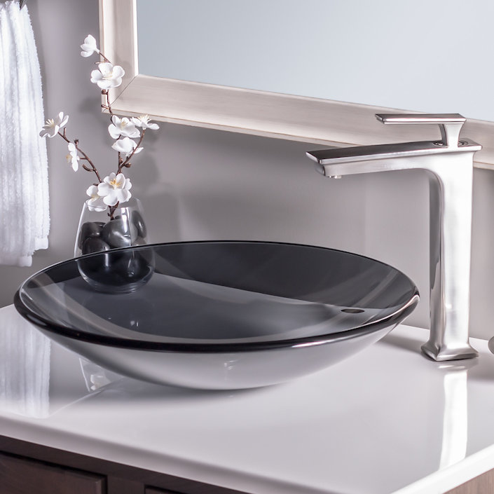 Gray 18'' Round Glass Above-Counter Bathroom Sink