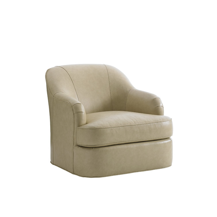 Sophisticated Gray Leather Swivel Armchair with Mahogany Wood