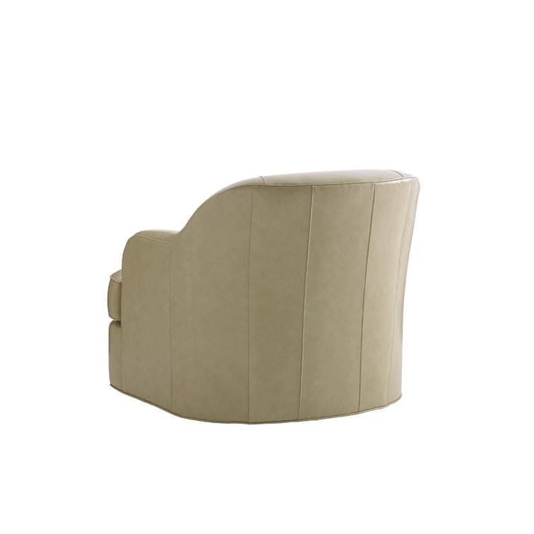 Sophisticated Gray Leather Swivel Armchair with Mahogany Wood