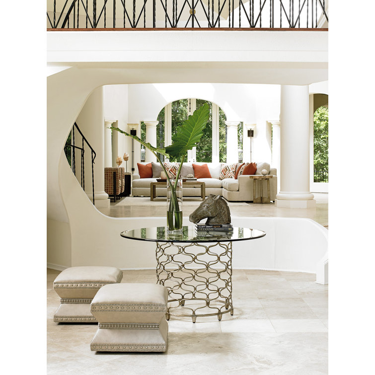 Contemporary Bollinger 72" Round Glass Dining Table with Silver Leaf Base