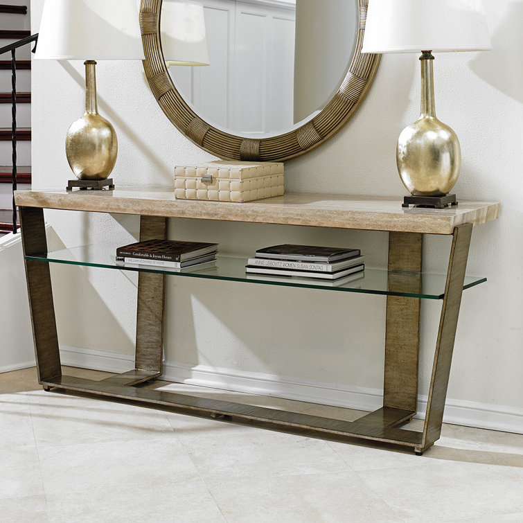 Contemporary Beige Silver Stone-Top Console with Storage