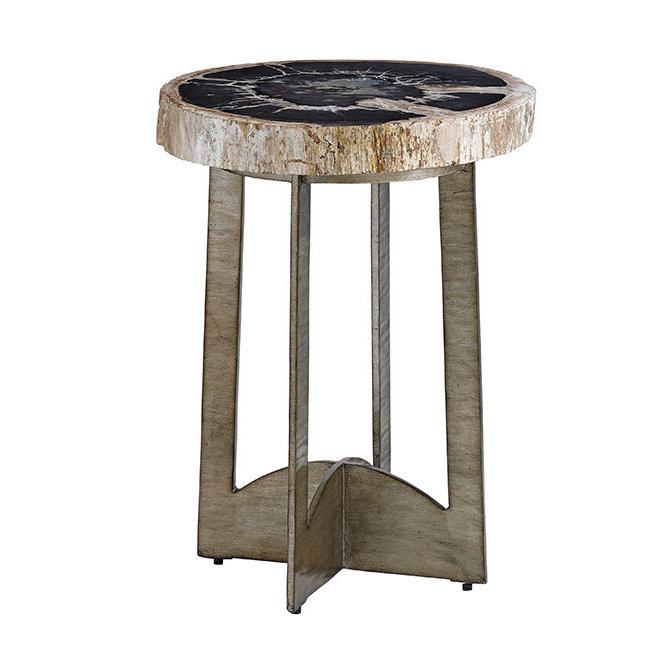 22" Round Beige Petrified Wood and Silver Metal End Table