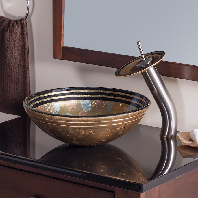 Golden Bronze Glass Round Vessel Sink with Brushed Nickel Faucet