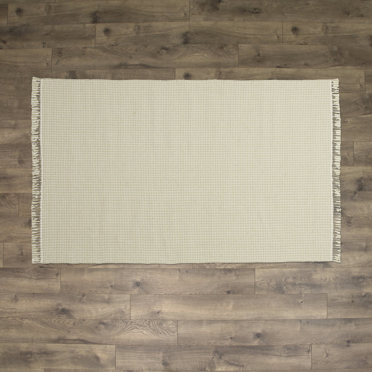 Ivory and Green Handwoven Cotton Flatweave 6' x 9' Rug