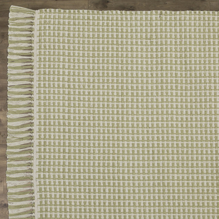 Ivory and Green Handwoven Cotton Flatweave 6' x 9' Rug