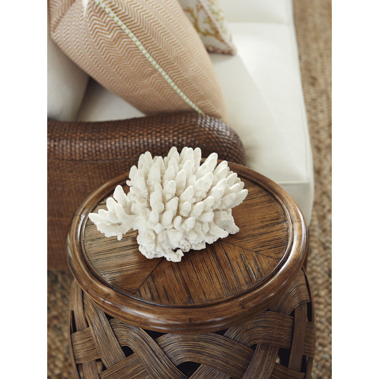18" Brown Wood Round Accent Table with Woven Rattan Base