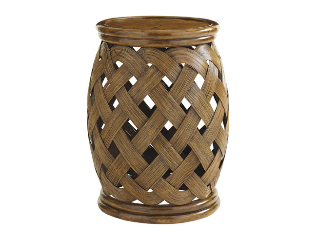 18" Brown Wood Round Accent Table with Woven Rattan Base