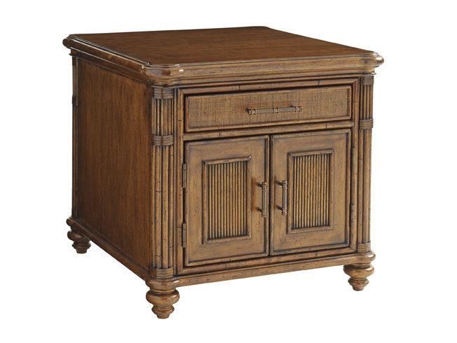 Transitional Brown Wood Storage End Table with Rattan Accents