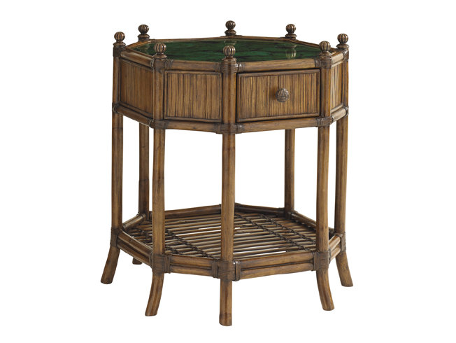 Octagonal Brown Bamboo and Brass End Table with Storage