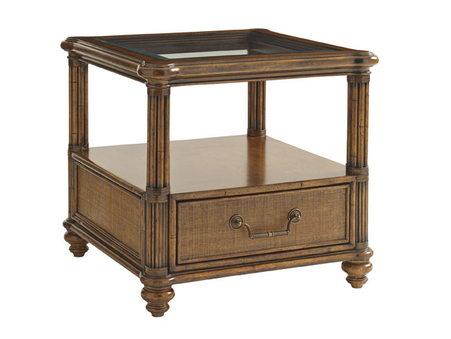 Brown Wood and Glass Square End Table with Storage