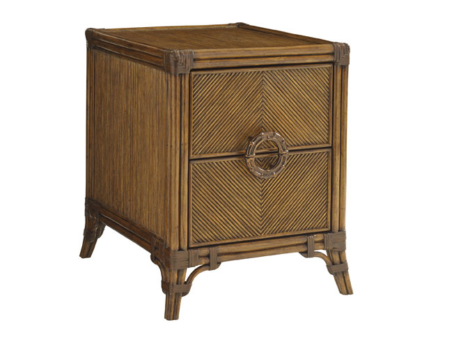Transitional Brown Wood Chairside Table with Rattan Accents