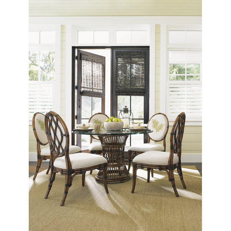 Transitional Gulfstream Cream Leather & Rattan Side Chair with Caribbean Pattern