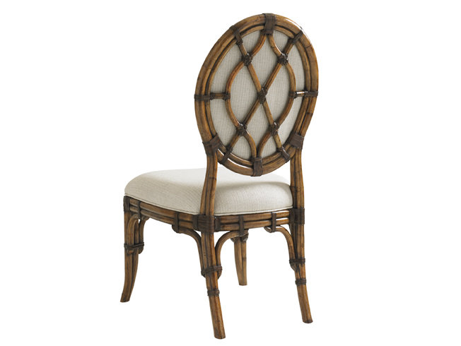 Transitional Gulfstream Cream Leather & Rattan Side Chair with Caribbean Pattern
