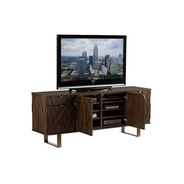 Transitional White Oak Media Center with Asymmetrical Wooden Overlays