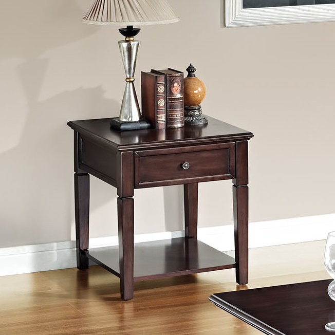 Walnut 24" Wooden End Table with Drawer and Shelf