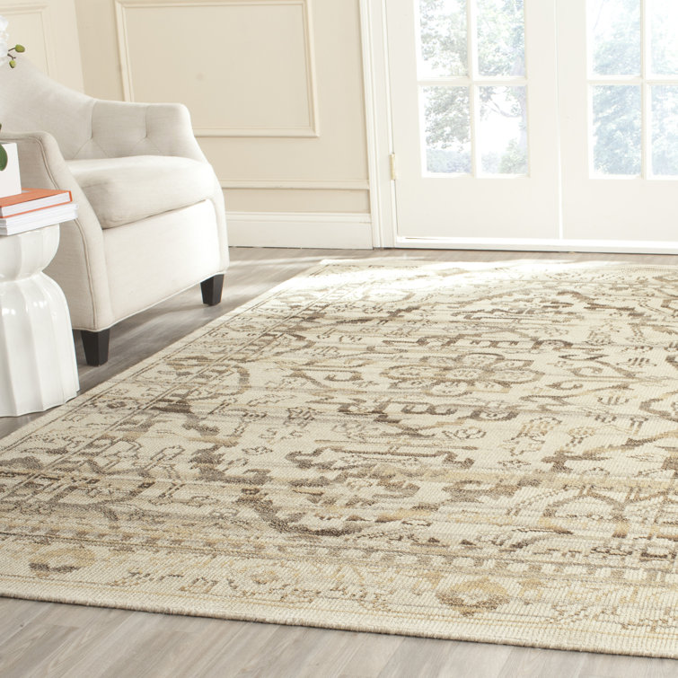 Elegant Hand-Knotted Natural Wool 9' x 12' Rectangular Area Rug