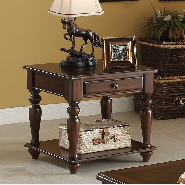 Walnut Brown Wooden End Table with Drawer and Shelf