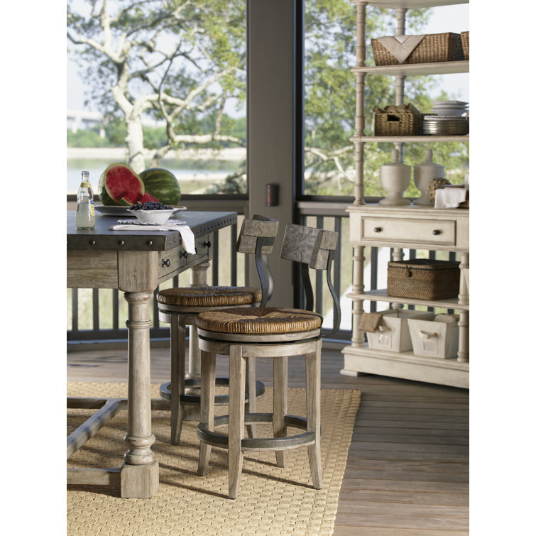 Rustic Industrial Swivel Counter Stool with Woven Rattan Seat, Brown