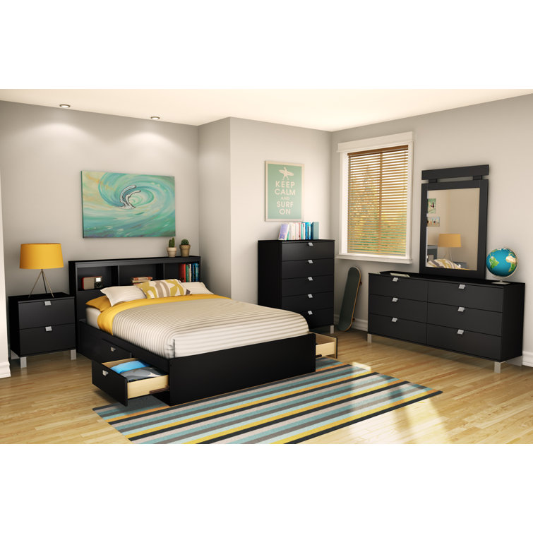 Full Black Wood Bookcase Headboard with Storage