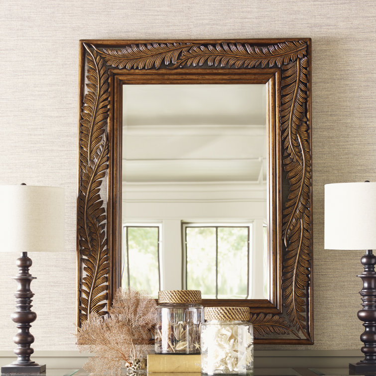Transitional Brown Wood and Leather Rectangular Mirror