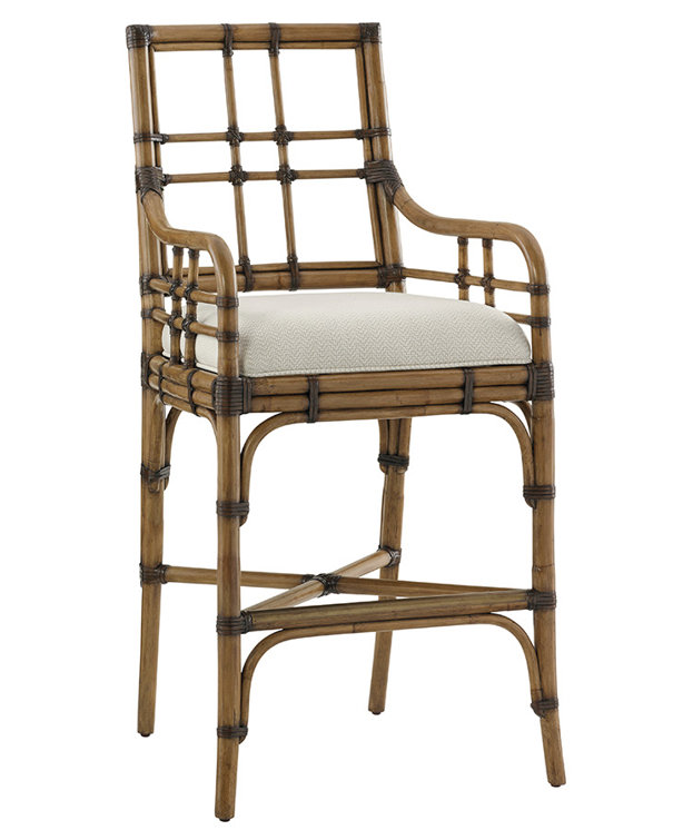 Transitional White Leather and Wood Bar Stool