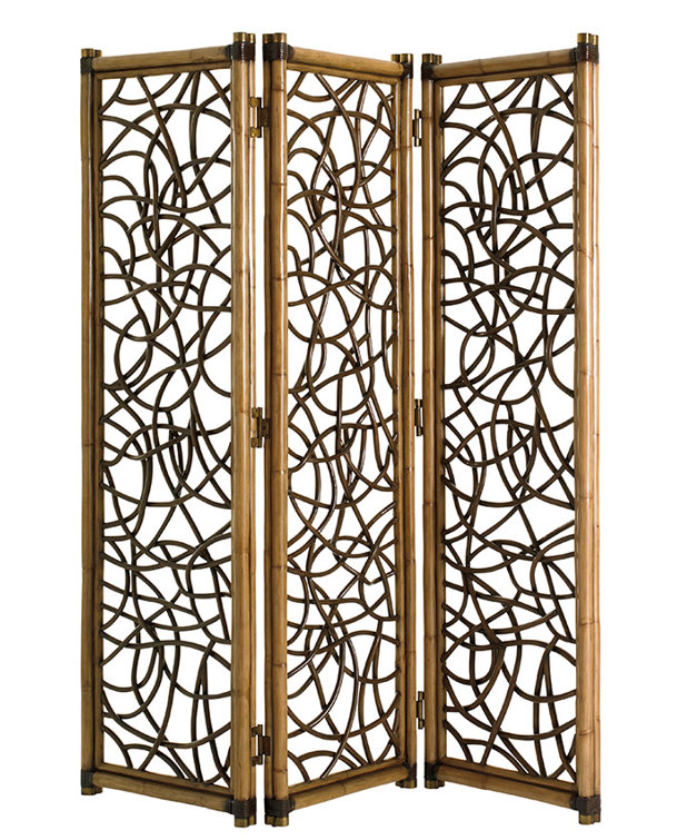 Brown Rattan and Leather Folding Room Divider
