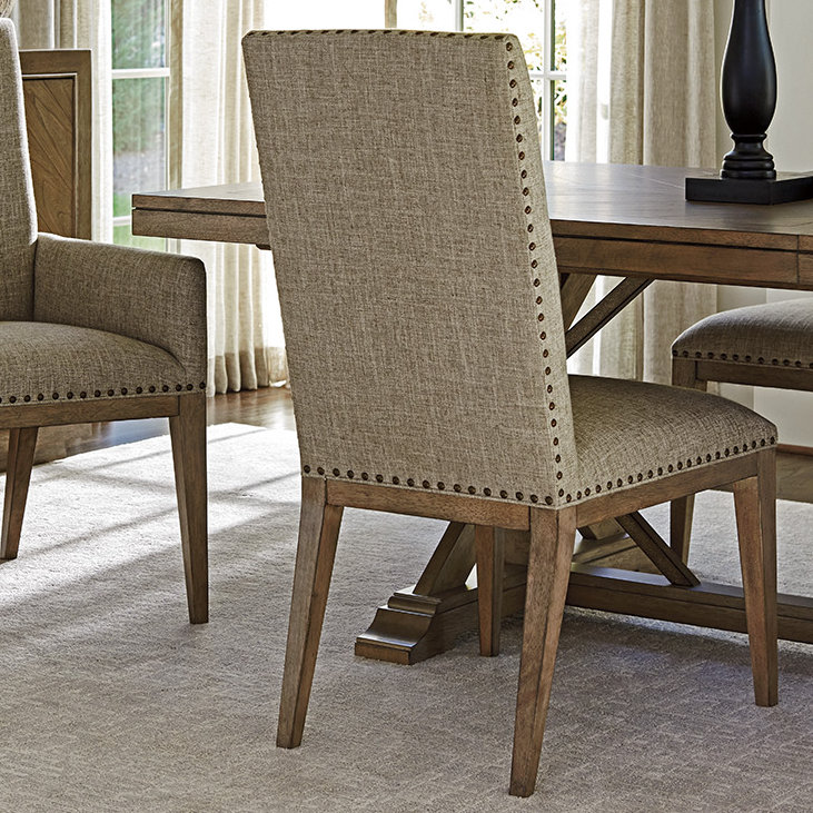 Hatteras Gray Linen Upholstered Parsons Side Chair with Rattan Accents