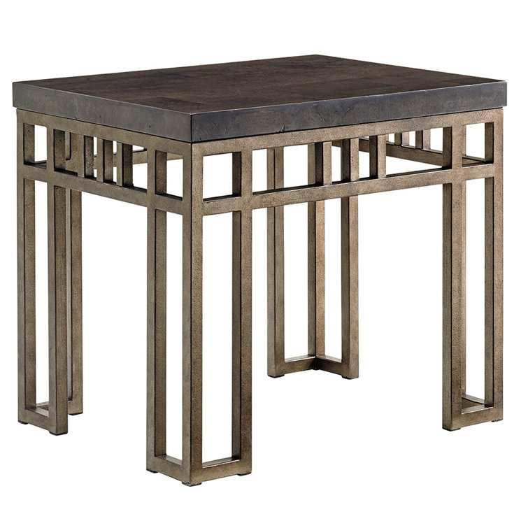 Transitional Gray Stone and Metal Rectangular End Table