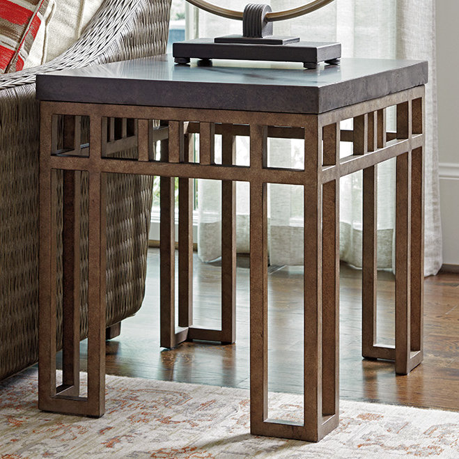 Transitional Gray Stone and Metal Rectangular End Table