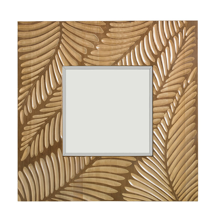Brown Wood Square Mirror with Carved Palm Frond Motif